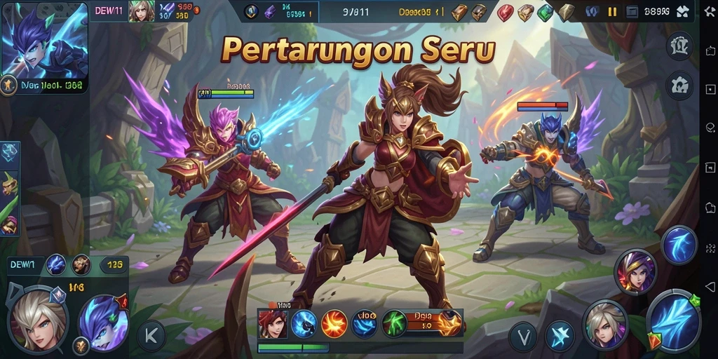 Tampilan aksi seru dalam gameplay MOBA DEWI11.