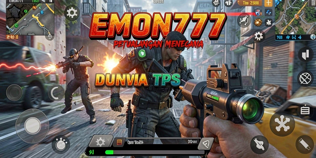 Tangkapan layar utama EMON777 menampilkan aksi gameplay TPS yang mendebarkan.