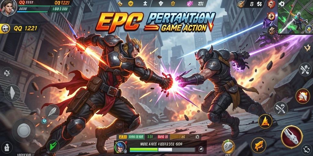 Tampilan gameplay QQ1221 dengan pertarungan yang epik dan menegangkan.