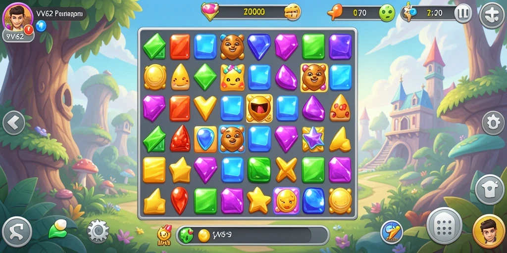 Tampilan screenshot utama VV62 menunjukkan gameplay Match-3 yang seru.