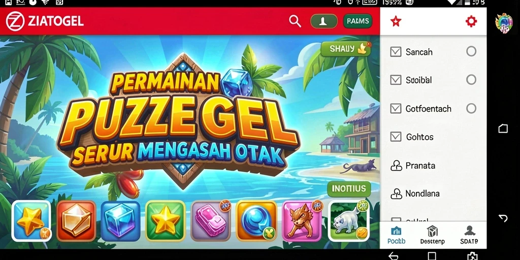 Screenshot menampilkan gameplay ZIATOGEL dengan berbagai teka-teki menantang.