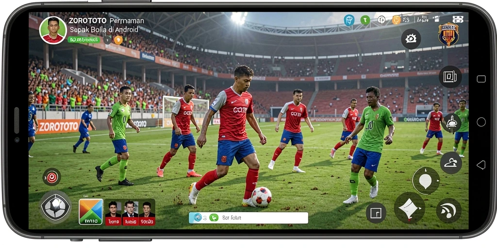 Screenshot gameplay ZOROTOTO menampilkan aksi sepak bola yang mendebarkan.